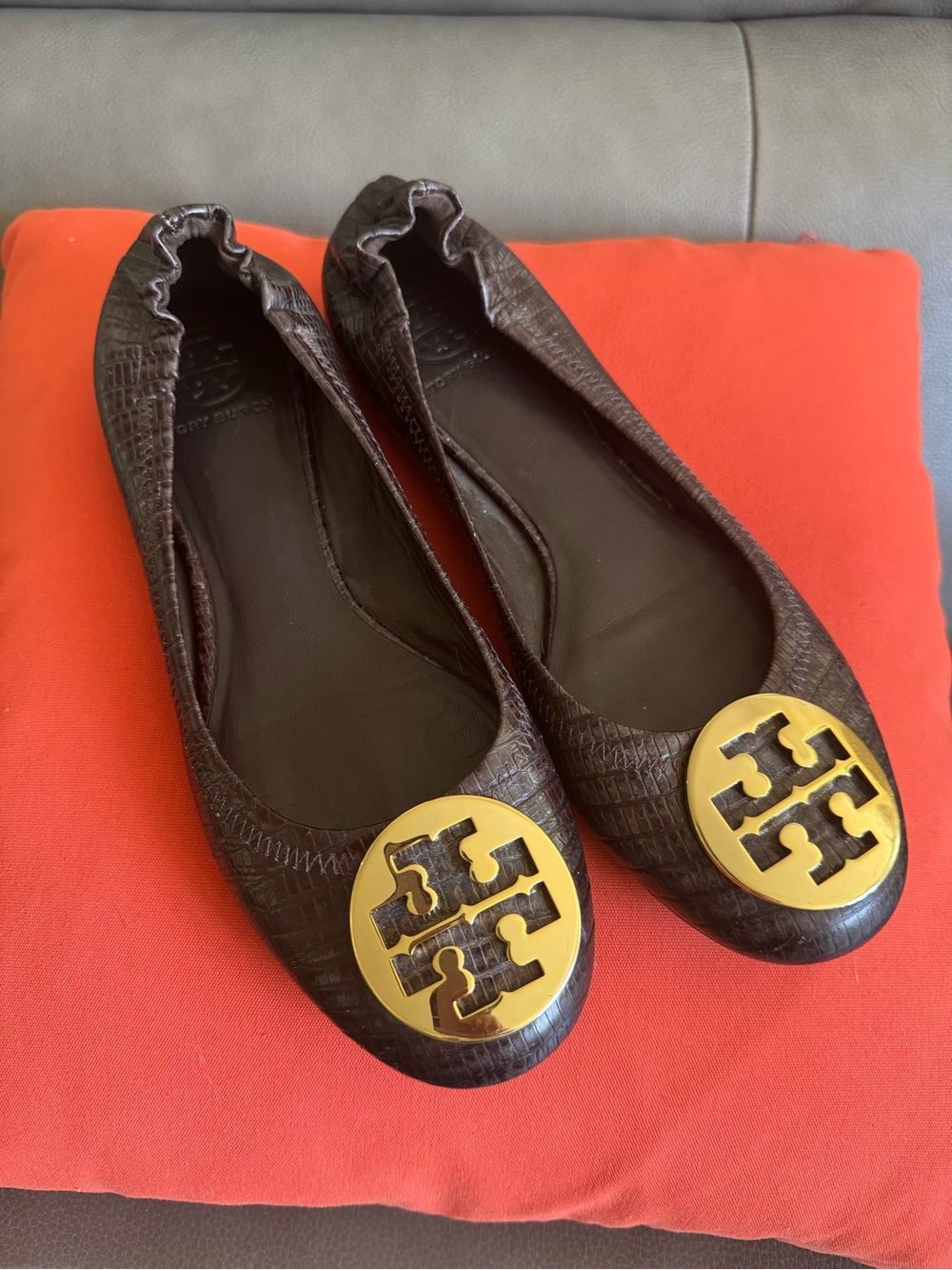 Tory Burch Brown Croc-Embossed Leather Ballet Flats with Gold Logo